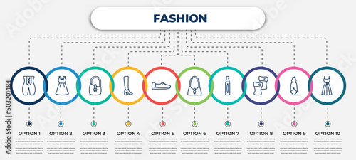 vector infographic template with icons and 10 options or steps. infographic for fashion concept. included bandages, outfit, shoulder bag, woman boots, shoe side view, handbag elegant de, spray