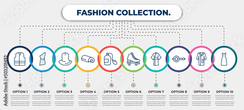 vector infographic template with icons and 10 options or steps. infographic for fashion collection. concept. included safety shirt, caveman, neck gaiter, cloth towel, smeel, roller skater, kimono,