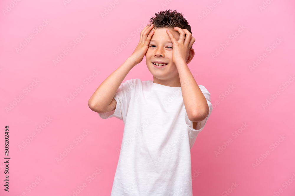 Little caucasian boy isolated on pink background laughing Little caucasian boy isolated on pink background laughing