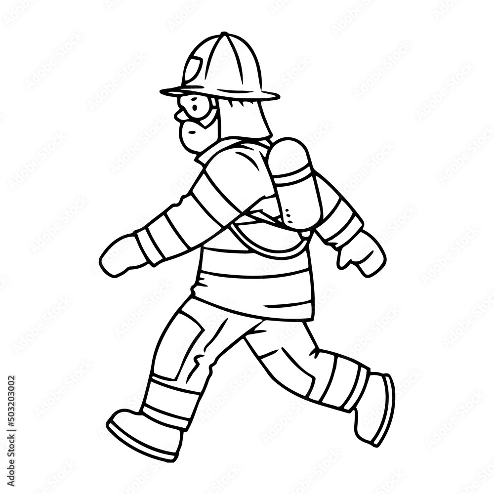Firefighter or fireman is running. Coloring book