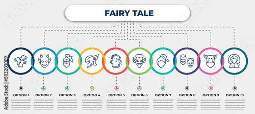 vector infographic template with icons and 10 options or steps. infographic for fairy tale concept. included cerberus, devil, knight, valkyrie, magic mirror, dracula, damsel, antagonist, fairy