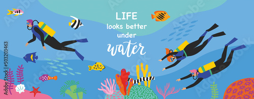 Divers swim over coral reef. Vector illustration. Horizontal banner.