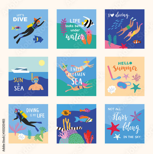 Diving card collection. Cute style. Vector illustration.