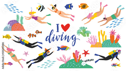 Diving set with elements on a white background. Vector illustration. Cute style.