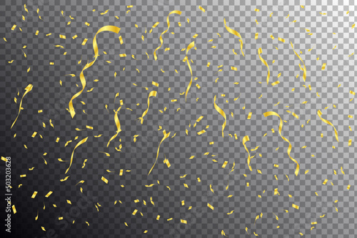 Falling golden confetti isolated on transparent background. Bright festive tinsel of gold color Vector confetti png Holiday, birthday