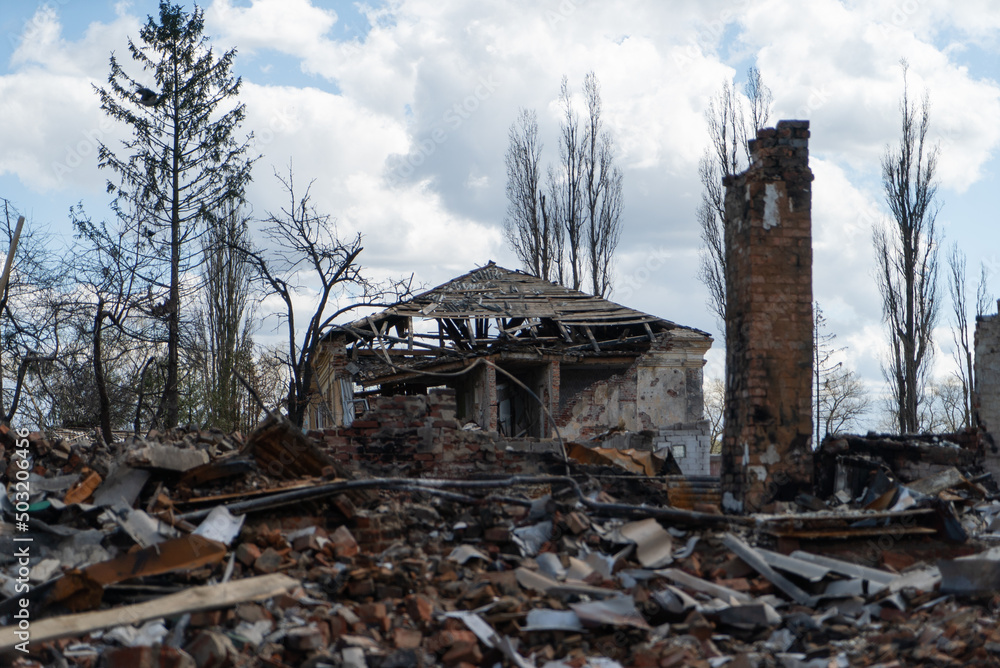 Chernihiv, Ukraine - 27.04.2022: Russian occupants destroyed private houses in the city of Chernihiv Chernihiv, Ukraine - 27.04.2022: Russian occupants destroyed private houses in the city of Chernihiv