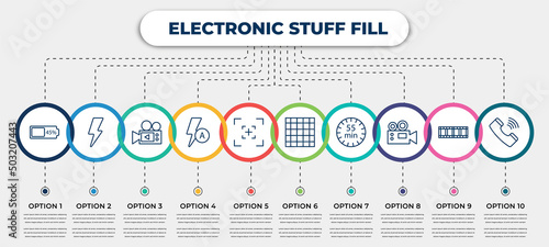 vector infographic template with icons and 10 options or steps. infographic for electronic stuff fill concept. included battery almost full, blitz flash, video camera, auto flash, camera screen,