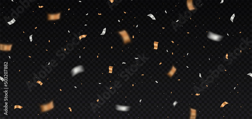 Confetti isolated on dark background. Poster or banner for website, decoration elements. Congratulation, special offer for buyers for holidays, sales and promotion. Cartoon flat vector illustration