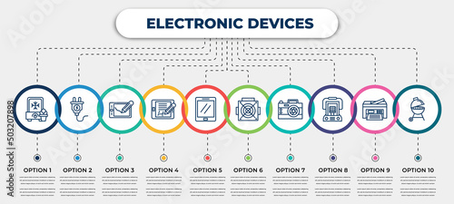 vector infographic template with icons and 10 options or steps. infographic for electronic devices concept. included ice cream maker, plug, graphic tablet, electronic, tablet, asic miner, photo
