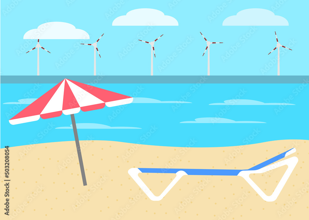 Windkraftanlage im Urlaub am Strand.