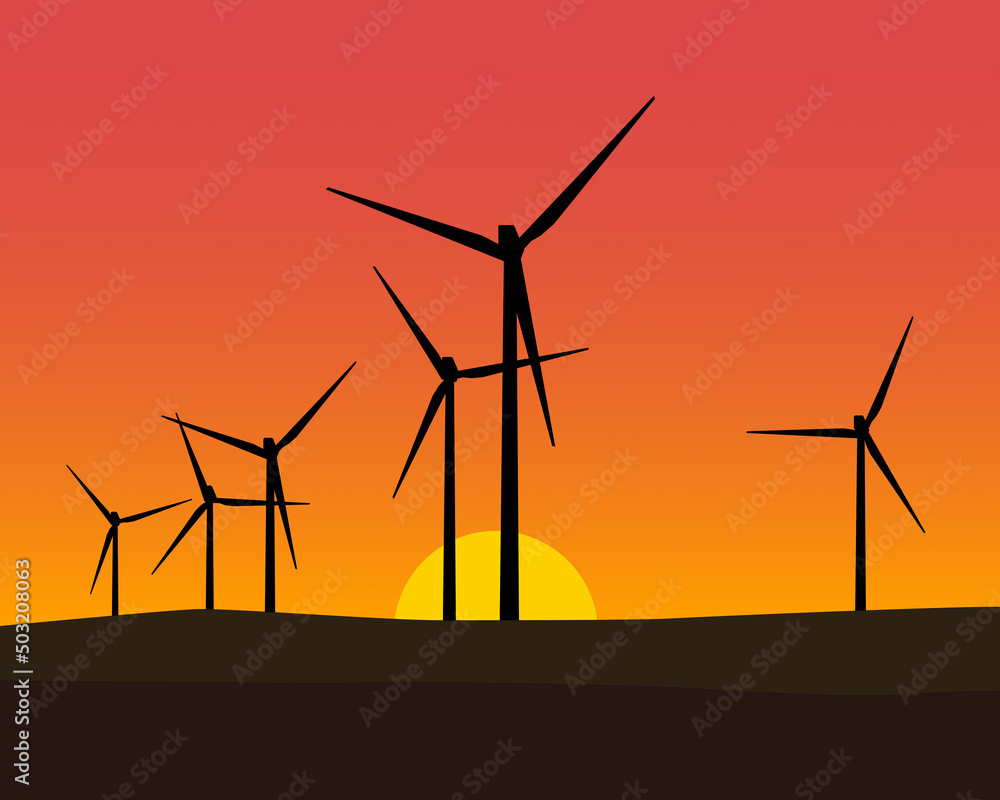Fototapeta premium Windkraftanlage im Feld beim Sonnenaufgang oder Sonnenuntergang.