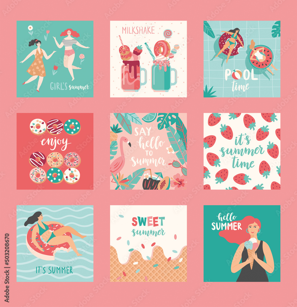 Fototapeta premium Hello Summer cards. Set of illustrations in cartoon style.