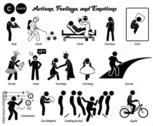 Photo Stick figure human people man action, feelings, and emotions icons starting with alphabet C