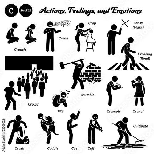 Stick figure human people man action, feelings, and emotions icons alphabet C. Crouch, croon, crop, cross, crossing, crowd, cry, crumble, crumple, crunch, crush, cuddle, cue, cuff, and cultivate.