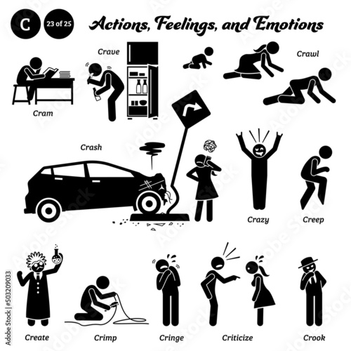 Stick figure human people man action, feelings, and emotions icons starting with alphabet C. Cram, crave, crawl, crash, crazy, creep, create, crimp, cringe, criticize, and crook.