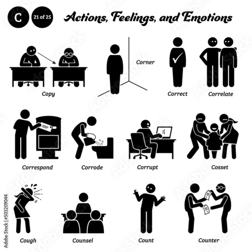 Stick figure human people man action, feelings, and emotions icons starting with alphabet C. Copy, corner, correct, correlate, correspond, corrode, corrupt, cosset, cough, counsel, count, and counter.