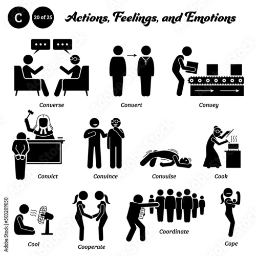 Stick figure human people man action, feelings, and emotions icons starting with alphabet C. Converse, convert, convey, convict, convince, convulse, cook, cool, cooperate, coordinate, and cope.