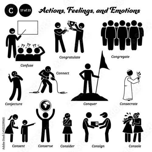 Stick figure human people man action, feelings, emotions icons alphabet C. Confuse, congratulate, congregate, conjecture, connect, conquer, consecrate, consent, conserve, consider, consign, console.
