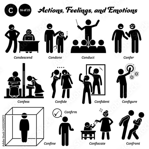 Stick figure human people man action, feelings, and emotions icons starting with alphabet C. Condescend, condone, conduct, confer, confess, confide, confident, configure, confine, confiscate, confront photo
