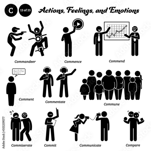 Stick figure human people man action, feelings, and emotions icons starting with alphabet C. Commandeer, commence, commend, comment, commentate, commune, commiserate, commit, communicate, and compare.