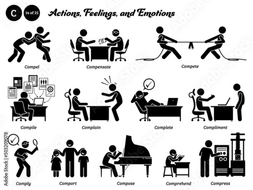 Stick figure human people man action, feelings, and emotions icons  alphabet C. Compel, compensate, compete, compile, complain, complete, compliment, comply, comport, compose, comprehend, and compress