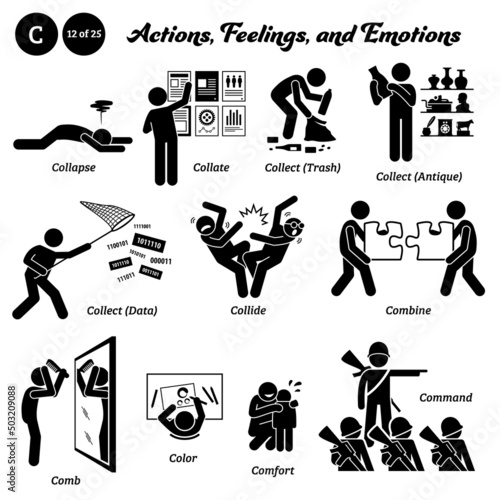 Foto Stick figure human people man action, feelings, and emotions icons starting with alphabet C
