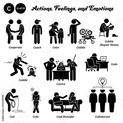 Stick figure human people man action, feelings, and emotions icons starting with alphabet C. Cooperate, coach, coax, cobble, coddle, coerce, coil, cold, cold shoulder, and collaborate. photo