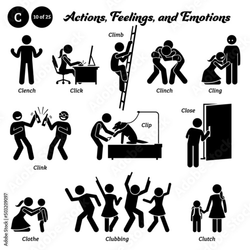 Stick figure human people man action, feelings, and emotions icons starting with alphabet C. Clench, click, climb, clinch, cling, clink, clip, close, clothe, clubbing, and clutch.
