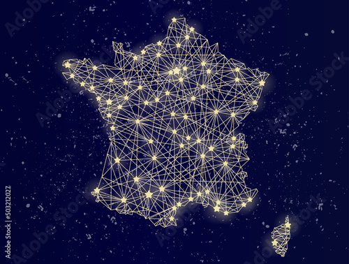 Glowing map of France on the night sky