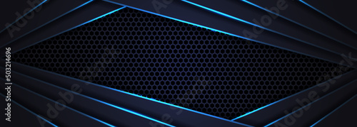 Dark abstract wide horizontal banner with hexagon carbon fiber grid. Technology background with blue luminous lines. Futuristic luxury modern backdrop.