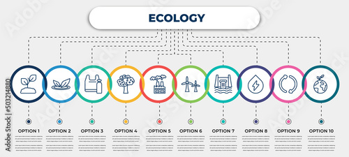 vector infographic template with icons and 10 options or steps. infographic for ecology concept. included eco plant, nature, plastic, fruit tree, pollution, eco turbine, hydro power, water energy,