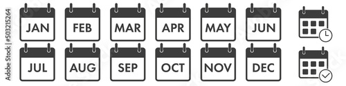 Yearly calendar icons set. All twelve months with names in abbreviated form. Plus two additional planning icons. Flat vector illustration isolated on white.