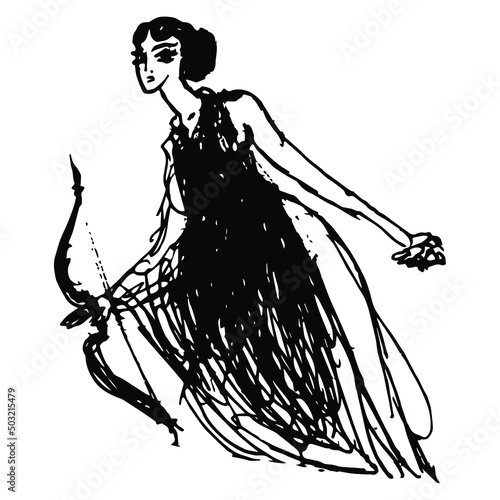 Ancient Greek woman with a bow. Goddess Artemis or Diana. Young huntress or Amazon. Hand drawn linear doodle rough sketch. Black silhouette on white background.