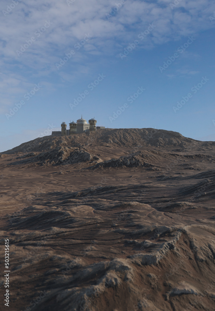Fototapeta premium Hilltop Town on a Desert Planet, 3d digitally rendered science fiction illustration