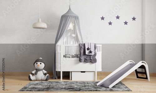 Kids room in dark purple and black grey tone color wall background. Interior and children's room nursery concept. 3D illustration rendering