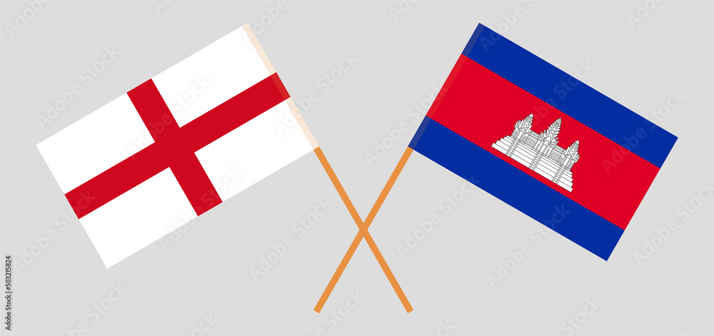 Crossed flags of England and Cambodia. Official colors. Correct proportion