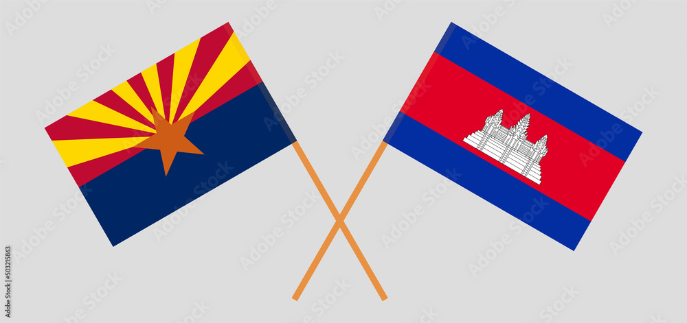 Crossed flags of the State of Arizona and Cambodia. Official colors. Correct proportion