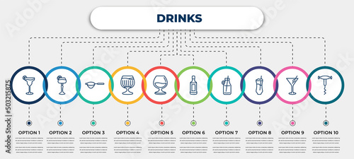 vector infographic template with icons and 10 options or steps. infographic for drinks concept. included margarita, sidecar drink, sieve, brandy glass, armagnac, grain, smoothie, ramos gin fizz,