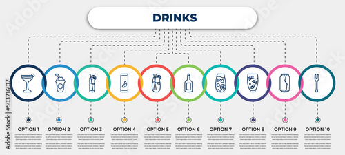 vector infographic template with icons and 10 options or steps. infographic for drinks concept. included flirtini, frappuccino, blue lagoon, soda can, planter's punch, rum, tom collins, lemon juice,
