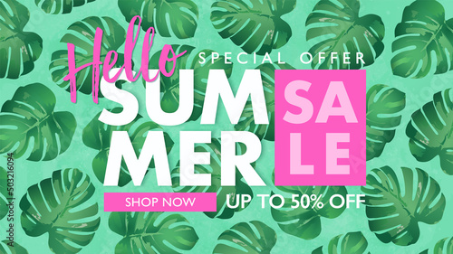 Hello summer sale banner with monstera tropical leaves patten background. Vector illustration