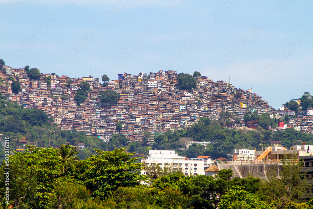 Rocinha favela seen from Rodrigo de Freitas Lagoon in Rio de Janeiro, Brazil.