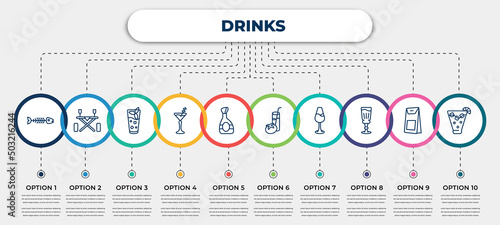 vector infographic template with icons and 10 options or steps. infographic for drinks concept. included fish skeleton, picnic table, mint julep, manhattan drink, cognac, tomato juice, wine toast,