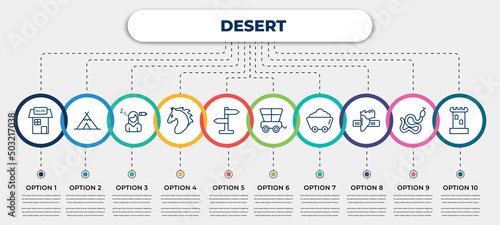 vector infographic template with icons and 10 options or steps. infographic for desert concept. included salon, wigwam, fatigue, horse, , cowboy cart, mine, holster, tower.