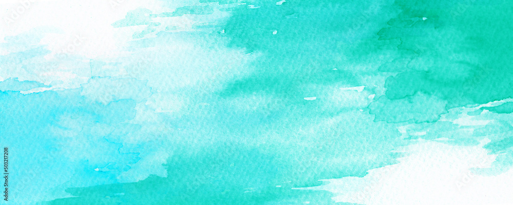 コピースペースのある爽やかな水色と青緑色の海をイメージした水彩背景　背景イラスト　テクスチャ素材 海	
