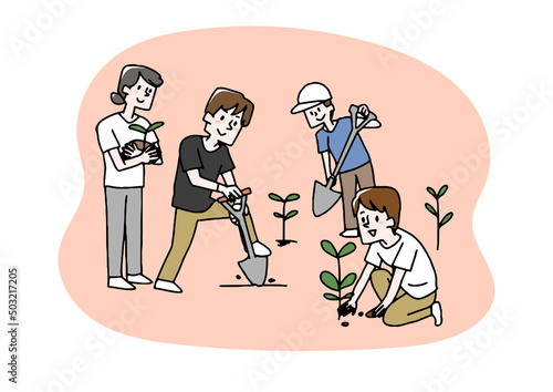 木の苗を植えている人々　ボランティア、慈善活動への積極的な参加　温かみのある手書きの人物