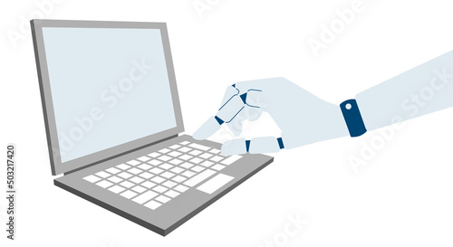 RPA、PCとロボットの手、仕事をこなすロボットのイメージイラスト、ベクター