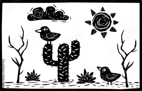 Desert scenery of Brazil, birds and cactus. Woodcut style. Separate vectors.