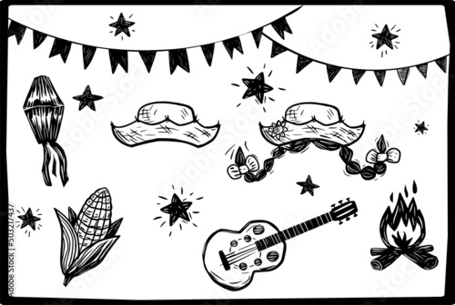 June party elements. Woodcut style and separate vectors.