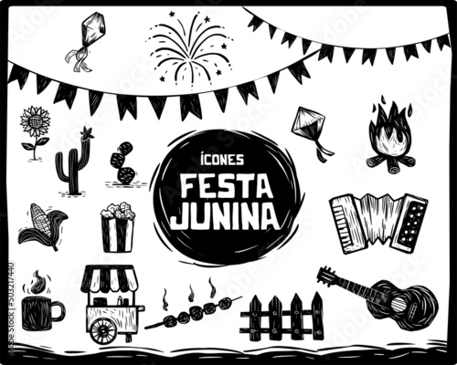 June party icons (ícones Festa Junina). Woodcut style and separate vectors.