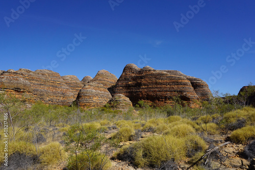 The Australian bush in front of the dome sandstone structures with the incredible blue sky.